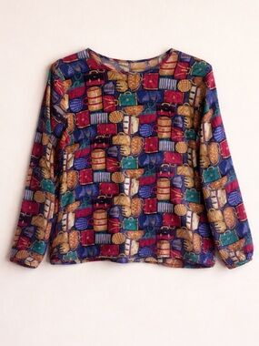 Vintage 80s Florella Rubino Silk Blouse Colorful Print Long Sleeve Retro Top